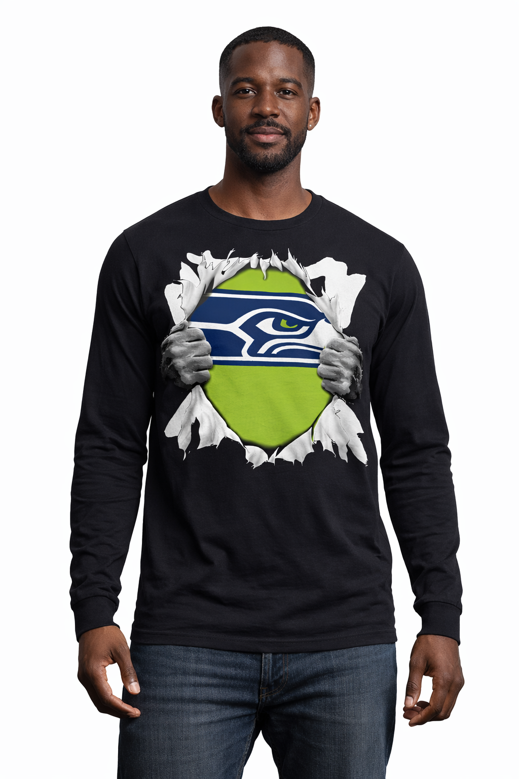 Seattle Seahawks Ripping Through Black Long Sleeve T-Shirt