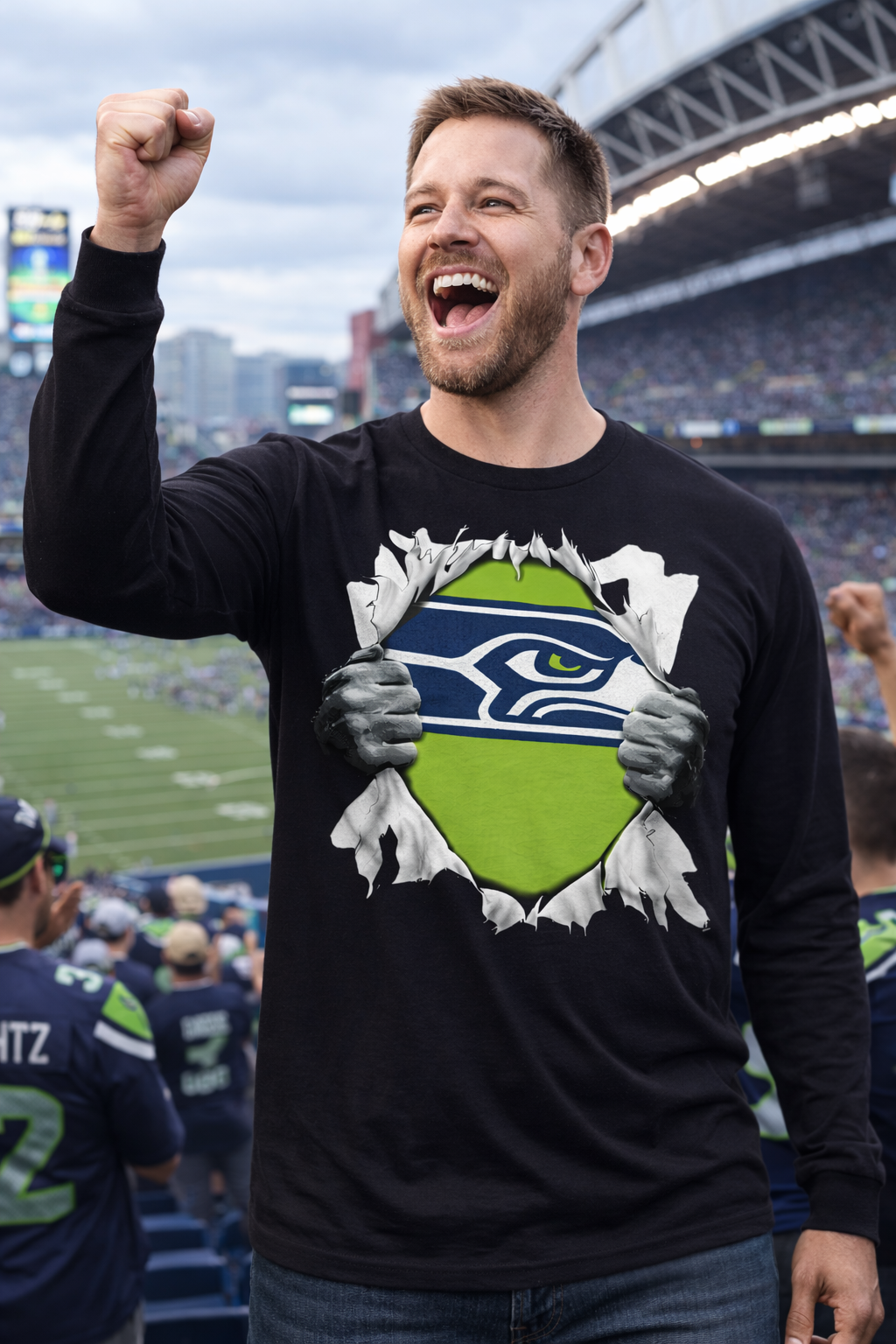 Seattle Seahawks Ripping Through Black Long Sleeve T-Shirt - Image 2