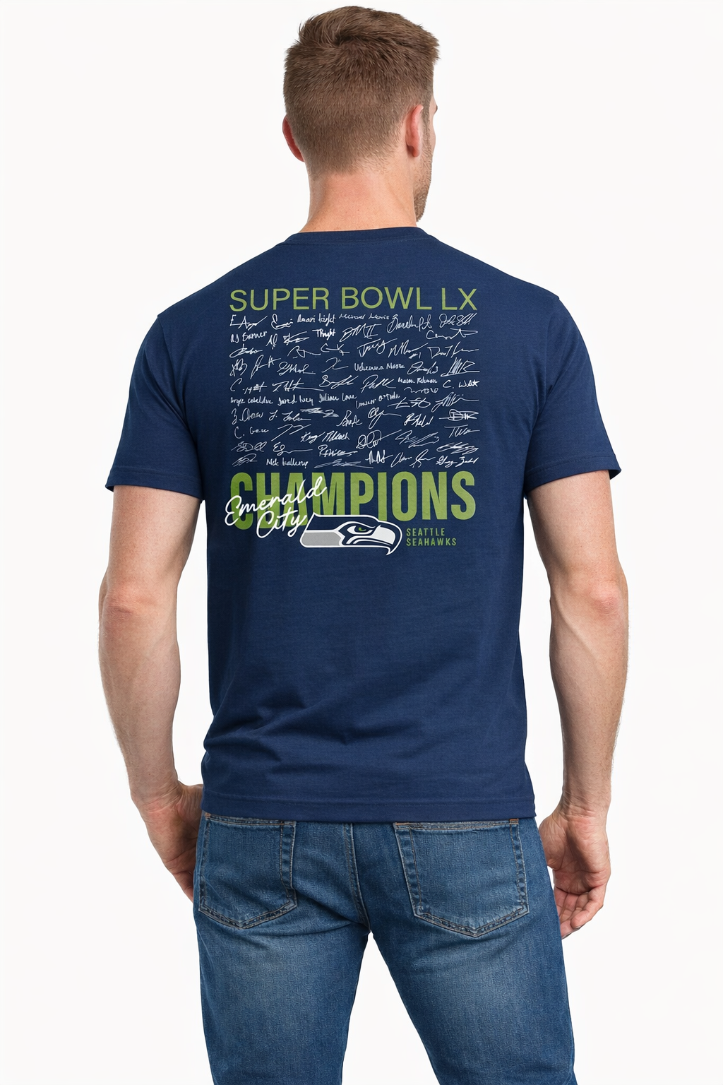 Seattle Seahawks Navy Super Bowl LX Champions Autograph Signing T-Shirt - Image 3