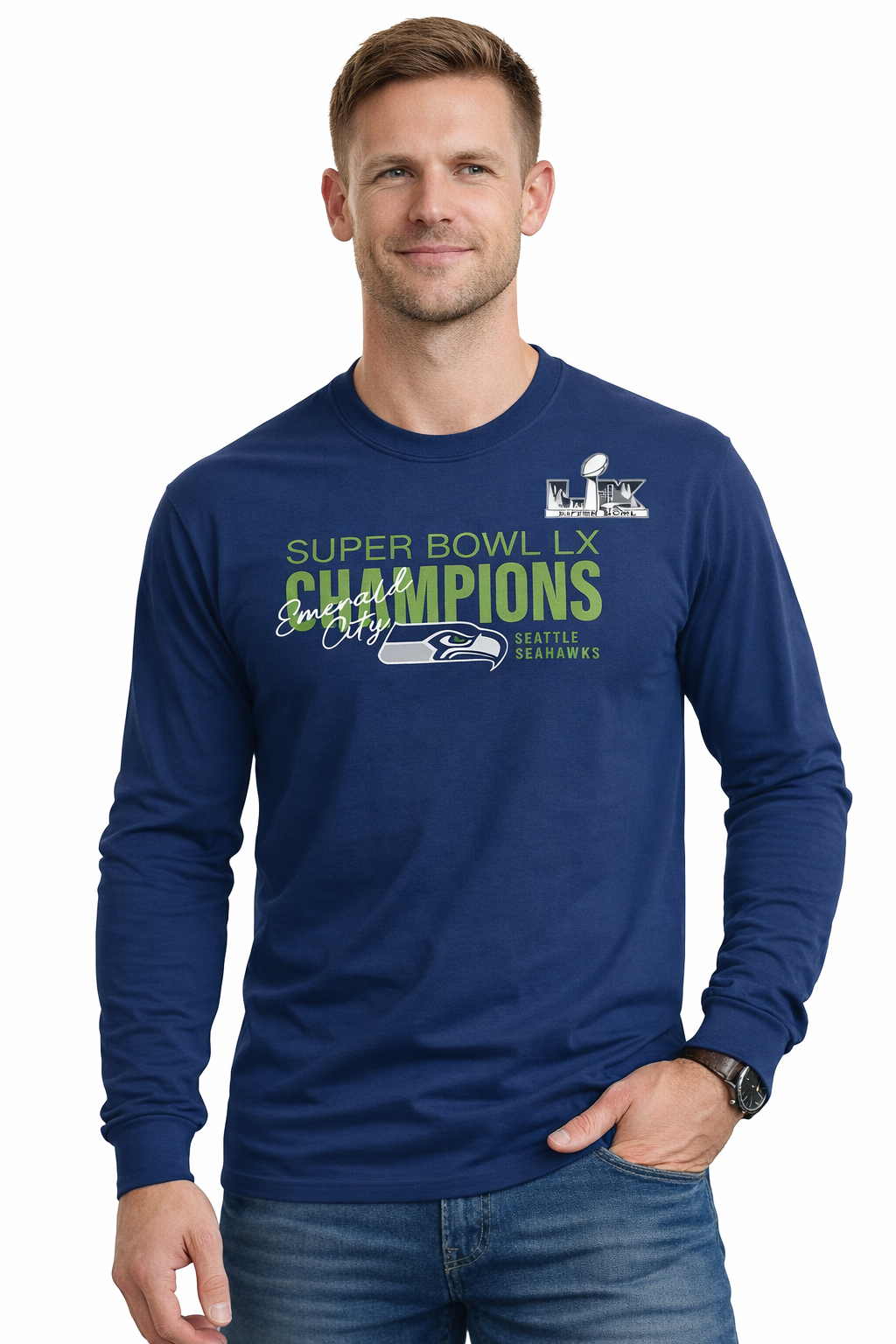 Seattle Seahawks Navy Super Bowl LX Champions Autograph Signing Long Sleeve T-Shirt