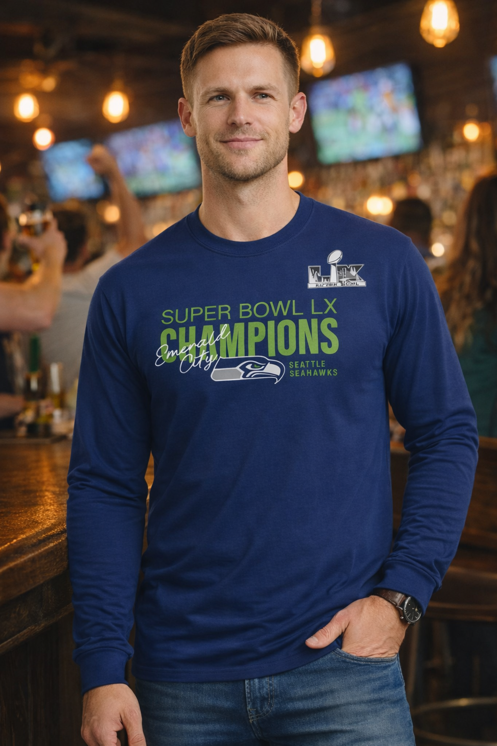 Seattle Seahawks Navy Super Bowl LX Champions Autograph Signing Long Sleeve T-Shirt - Image 3