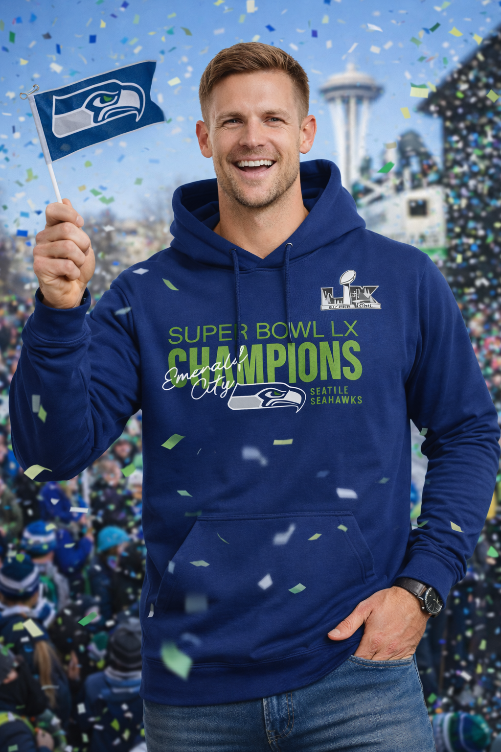 Seattle Seahawks Navy Super Bowl LX Champions Autograph Signature Fleece Hoodie - Image 3
